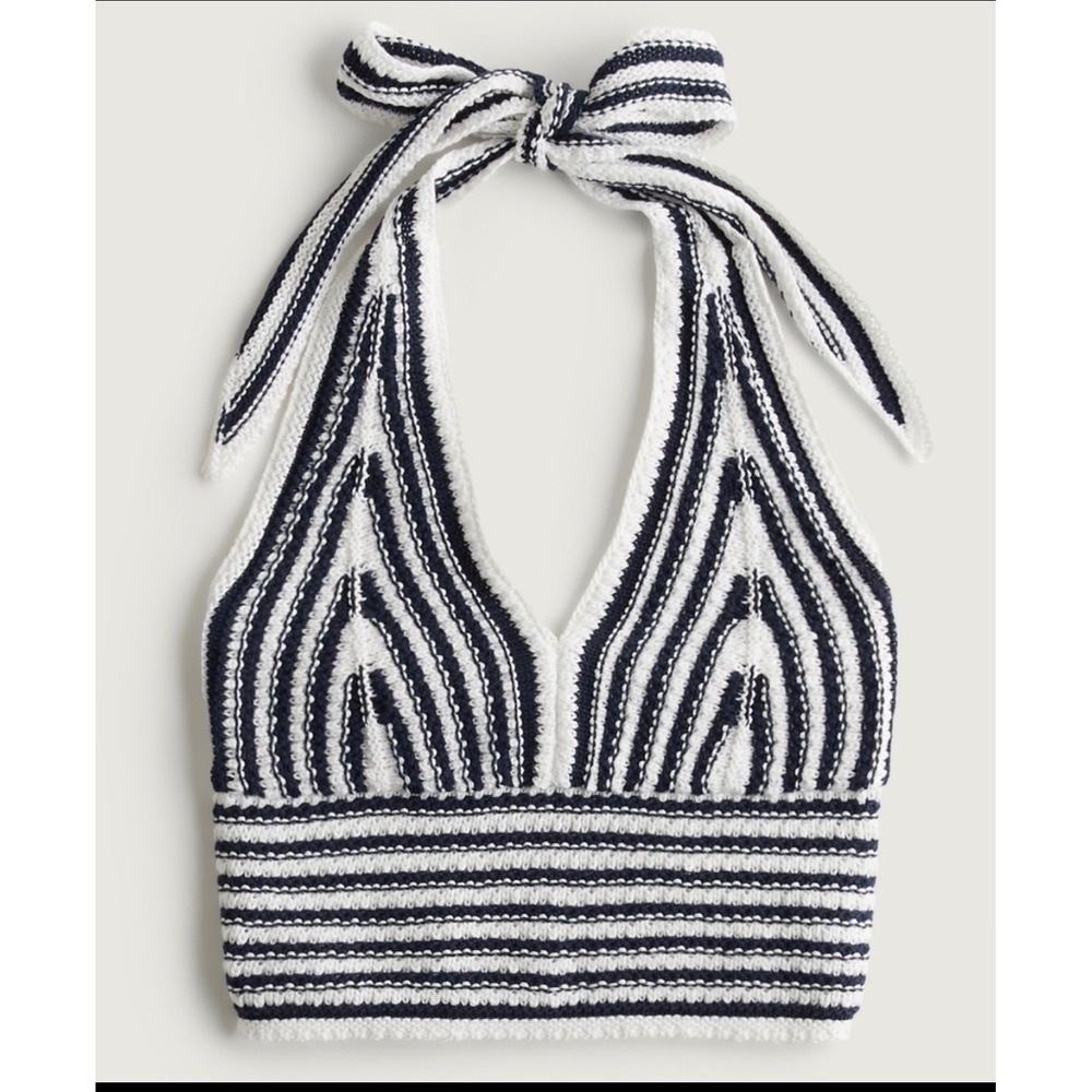 Hollister Crochet Halter Top Striped Knit Boho Coastal Womens Large White Navy